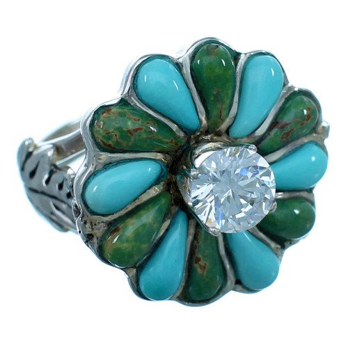 Genuine Sterling Silver Turquoise Inlay Flower Leaf Cubic Zirconia Ring Size 6-1/4 LX113181
