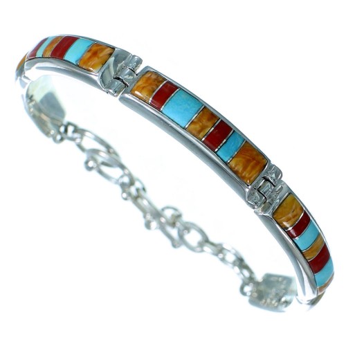 Southwest Multicolor Inlay Sterling Silver Link Bracelet RX112788