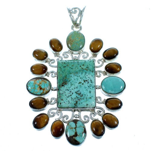 Turquoise And Tiger Eye Sterling Silver Southwest Pendant SX112847