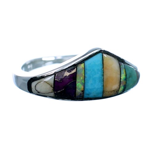 Turquoise Multicolor Inlay Sterling Silver Ring Size 7-1/4  LX113256