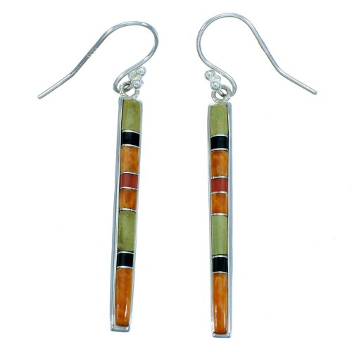 Genuine Sterling Silver And Multicolor Inlay Southwest Hook Dangle Earrings SX113176