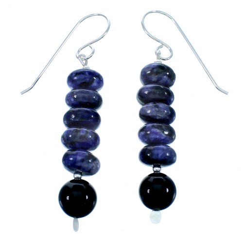 Purple Agate Navajo Sterling Silver Onyx Bead Hook Dangle Earrings LX113406