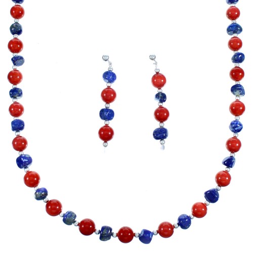 Navajo Sterling Silver Coral Lapis Bead Necklace And Earrings Set LX113490