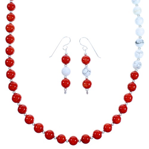 Sterling Silver Navajo Howlite And Coral Bead Necklace And Earrings LX114027