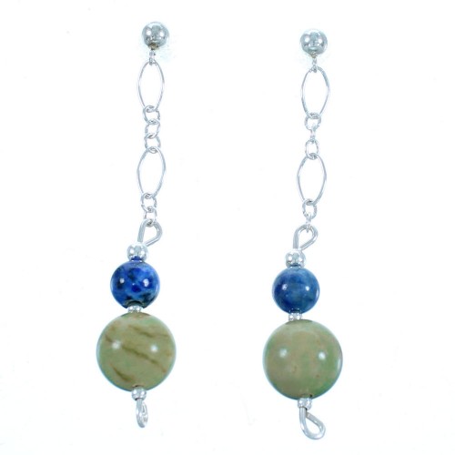 Turquoise And Lapis Sterling Silver Bead Post Dangle Earrings RX114083