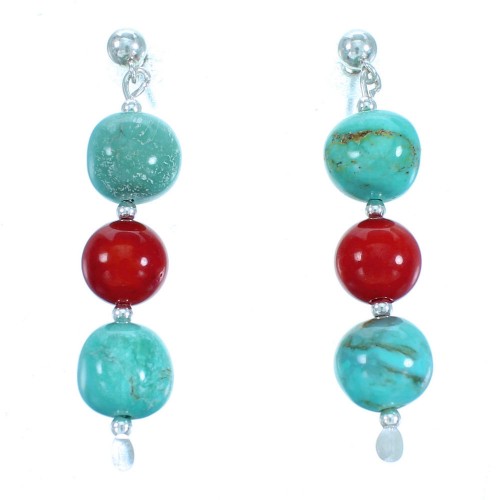 Turquoise And Coral Genuine Sterling Silver Southwest Bead Post Dangle Earrings LX114110