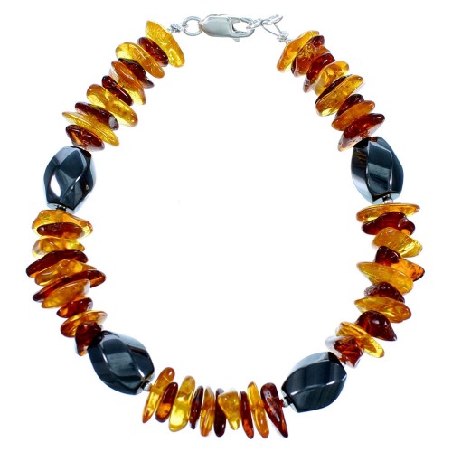 Amber And Hematite Sterling Silver Bead Bracelet SX114127