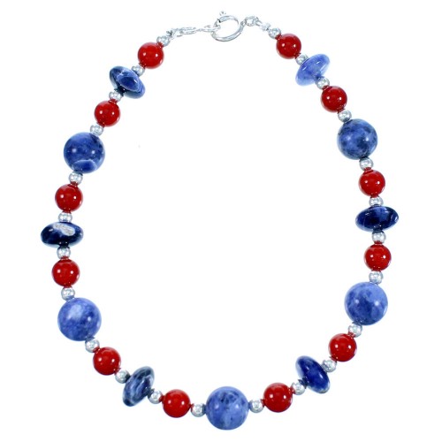 Sodalite And Coral Sterling Silver Bead Bracelet SX114131
