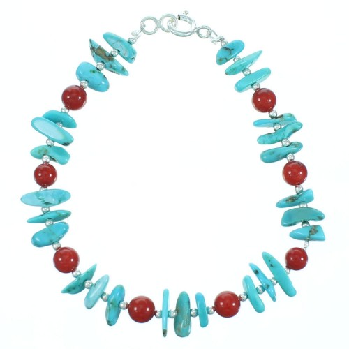 Genuine Sterling Silver Turquoise And Coral Bead Necklace SX114162