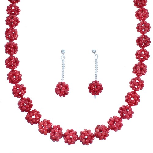 Sterling Silver Southwestern Coral Bead Necklace Set LX114266