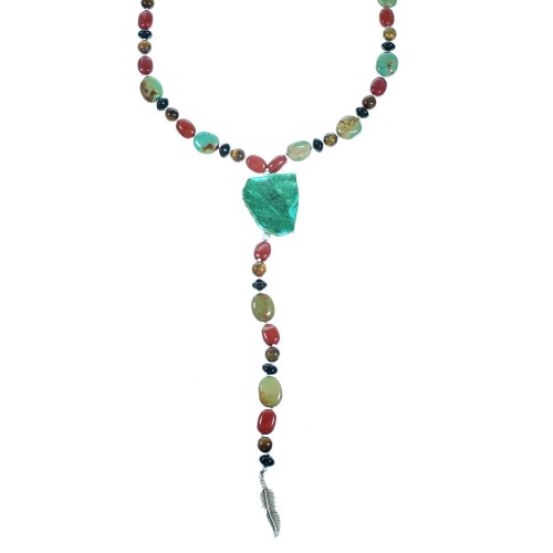 Multicolor Sterling Silver Feather Southwestern Lariat Bead Necklace RX114213