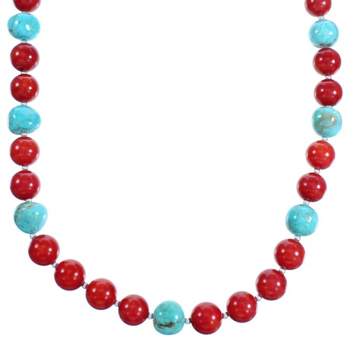 Turquoise Coral Sterling Silver Southwest Bead Necklace RX114223
