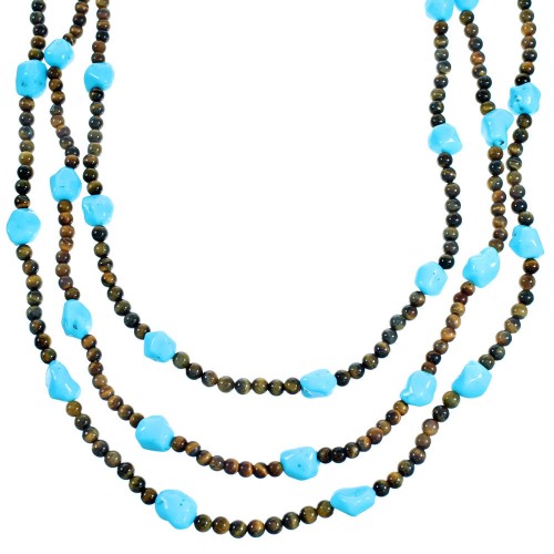 Turquoise Tiger Eye Authentic Sterling Silver 3-Strand Bead Necklace RX114226