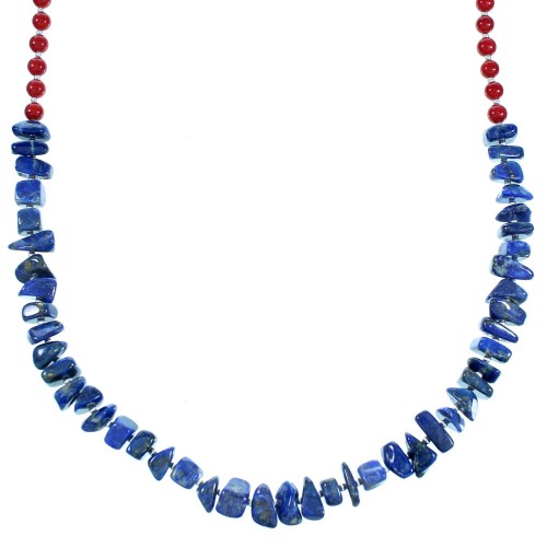 Coral And Lapis Sterling Silver Bead Necklace RX114234