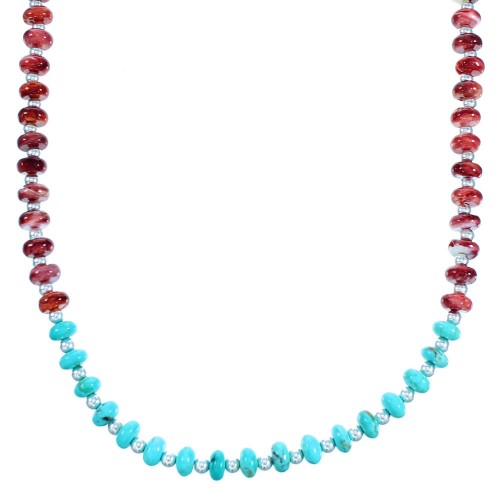 Turquoise Red Oyster Shell And Sterling Silver Bead Necklace RX114235