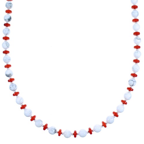 Howlite And Coral Genuine Sterling Silver Bead Necklace RX114263