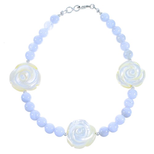 Sterling Silver Mother Of Pearl And Blue Lace Agate Flower Rose Bead Bracelet RX114330