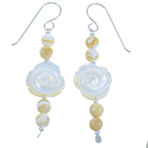 Sterling Silver Pineapple Jasper And Mother of Pearl Flower Rose Bead Hook Dangle Earrings RX114337
