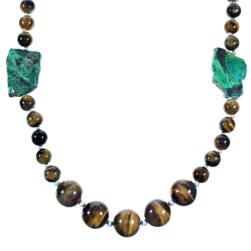 Chrysocolla Tiger Eye Sterling Silver Southwest Bead Necklace RX114452