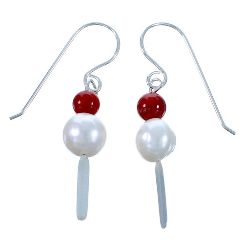 Sterling Silver Coral Fresh Water Pearl Bead Hook Dangle Earrings RX114475