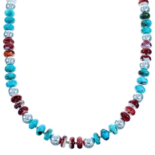 Turquoise And Red Oyster Shell Sterling Silver Bead Necklace SX114480