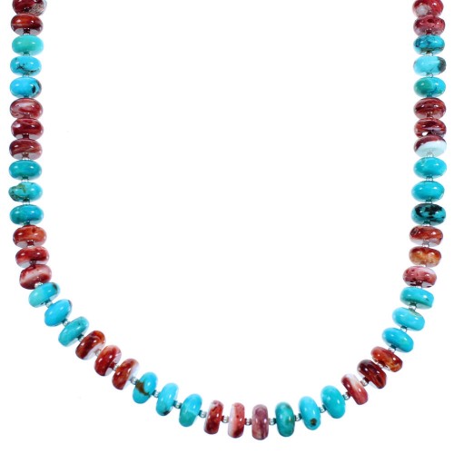 Sterling Silver Turquoise And Red Oyster Shell Bead Necklace SX114481