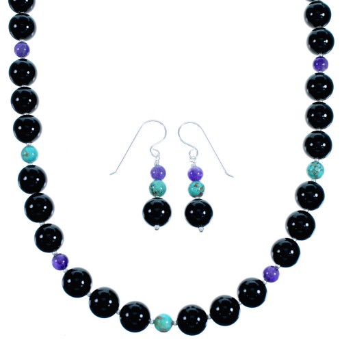 Multicolor Sterling Silver Bead Necklace And Earrings Set SX114523