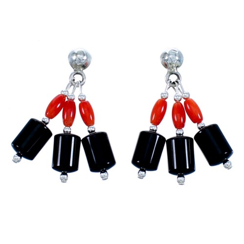 Coral And Onyx Sterling Silver Southwestern Bead Post Dangle Earrings LX114549