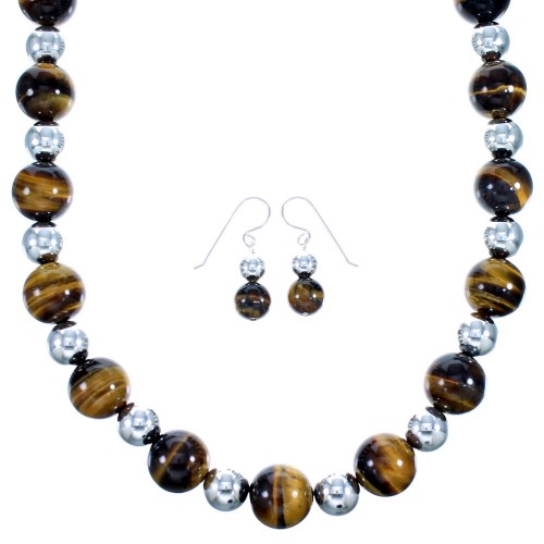 Tiger Eye Genuine Sterling Silver Bead Necklace And Earring Set LX114585