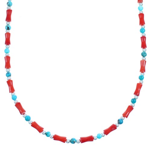 Turquoise And Coral Authentic Sterling Silver Bead Necklace LX114587