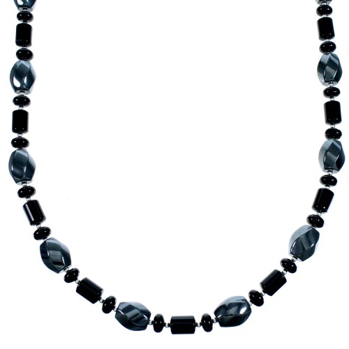 Sterling Silver Onyx And Hematite Bead Necklace SX114603