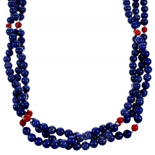 Lapis And Coral 3-Strand Sterling Silver Bead Necklace SX114614