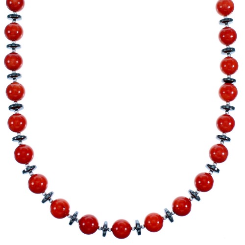 Coral And Hematite Southwest Sterling Silver Bead Necklace SX114605