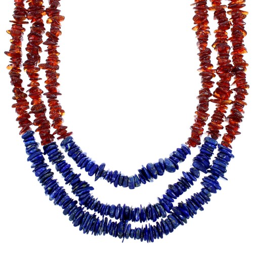 Sterling Silver 3-Strand Amber And Lapis Bead Necklace SX114681