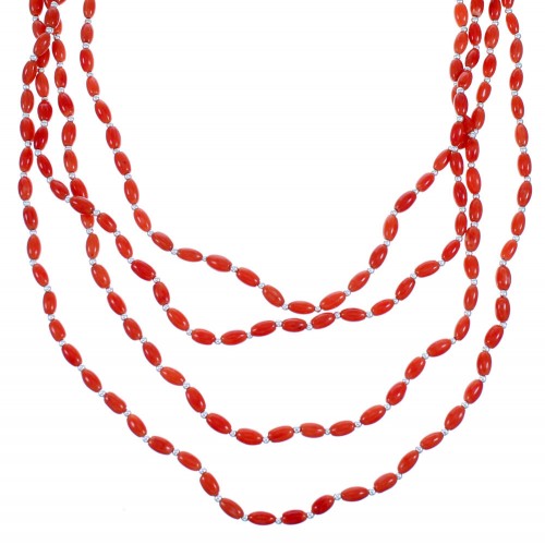 4-Strand Coral And Sterling Silver Southwest Bead Necklace SX114677