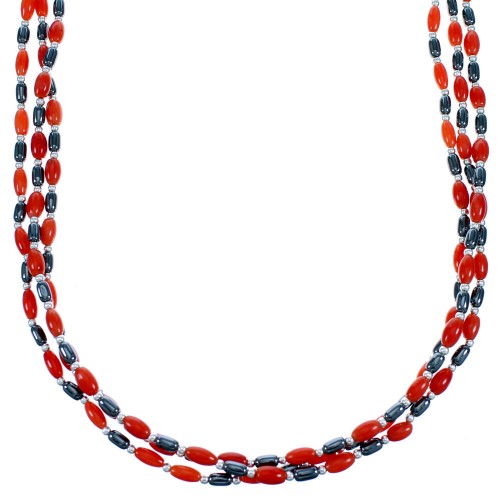 Coral And Hematite Sterling Silver 3-Strand Bead Necklace SX114678