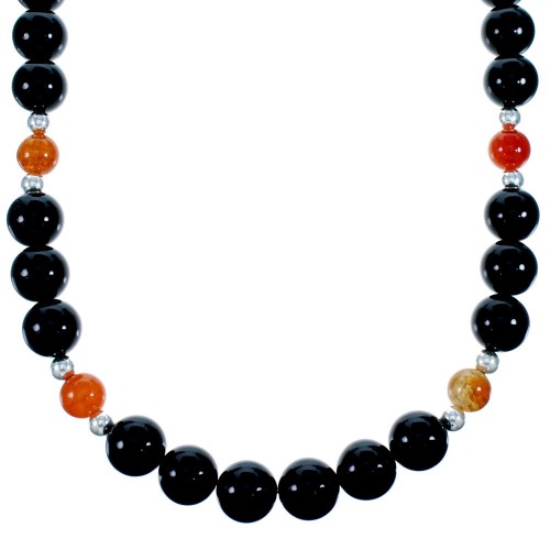 Onyx And Fire Agate Sterling Silver Bead Necklace SX114659