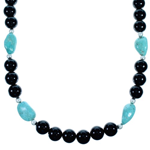 Sterling Silver Onyx And Turquoise Bead Necklace SX114658