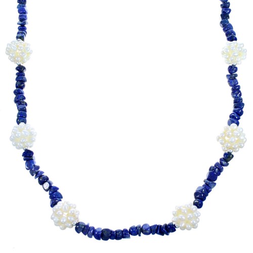 Lapis And Fresh Water Pearl Sterling Silver Bead Necklace SX114656