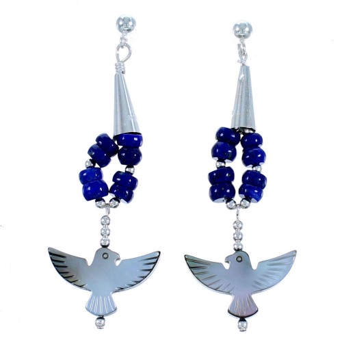 Lapis Black Mother Of Pearl Thunderbird Sterling Silver Post Dangle Bead Earrings RX114692