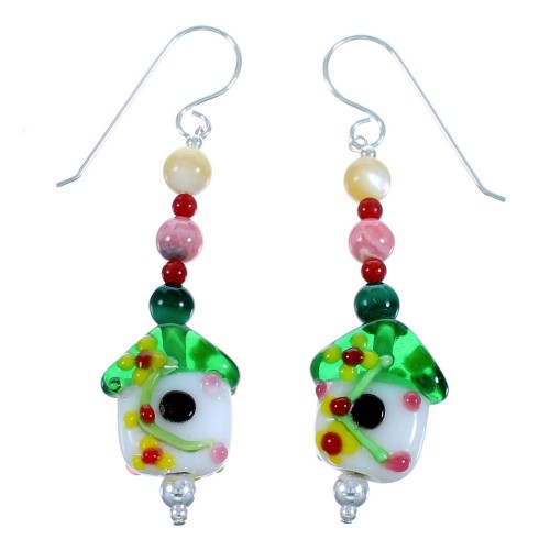 Genuine Sterling Silver Multicolor Bird House Hook Dangle Bead Earrings RX114704