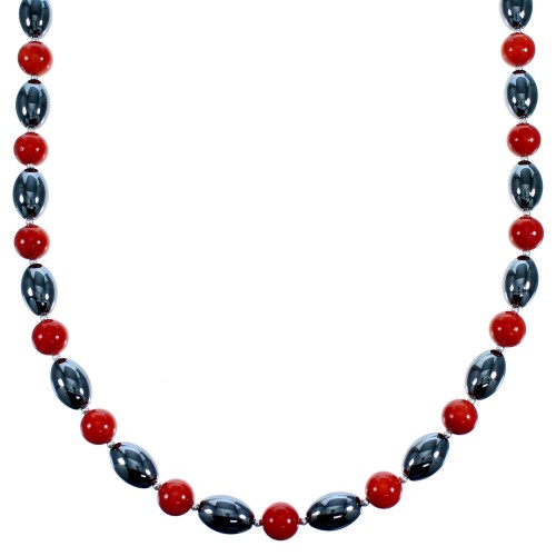 Southwest Hematite And Coral Sterling Silver Bead Necklace RX114734