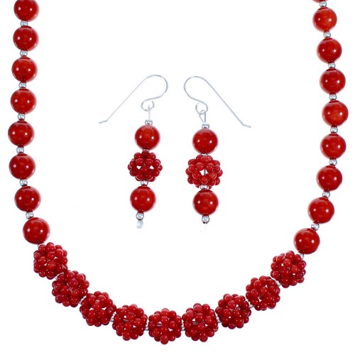 Genuine Sterling Silver Southwest Coral Bead Necklace Set RX114761