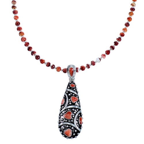 Red And Orange Oyster Shell Sterling Silver Bead Necklace Set RX114796