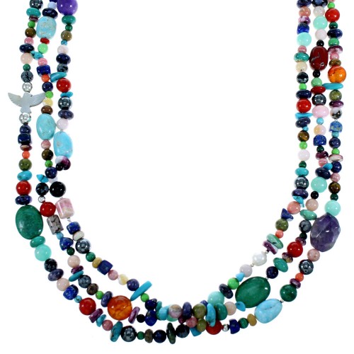 Sterling Silver 3-Strand Treasure Multicolor Bead Necklace RX114848