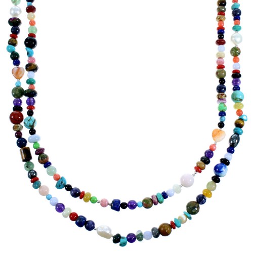 Multicolor Genuine Sterling Silver 2-Strand Treasure Bead Necklace RX114846
