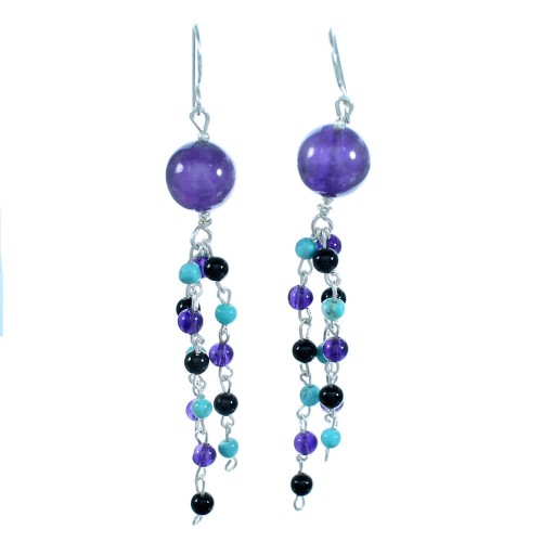 Turquoise Amethyst Sterling Silver Hook Dangle Bead Earrings RX114832