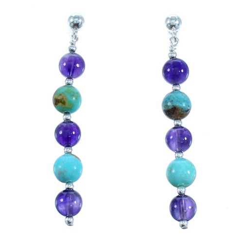 Turquoise And Amethyst Sterling Silver Post Dangle Bead Earrings RX114831