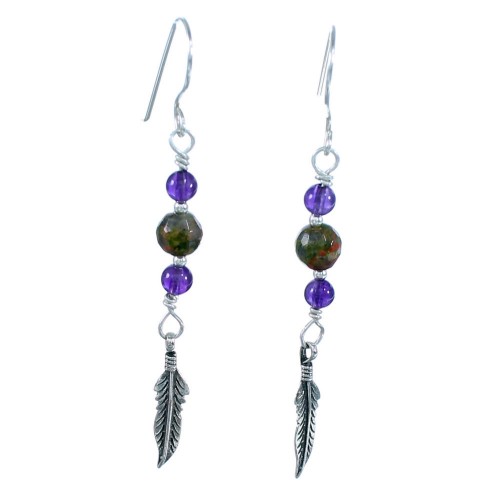 Amethyst Unakite Sterling Silver Feather Hook Dangle Bead Earrings RX114834