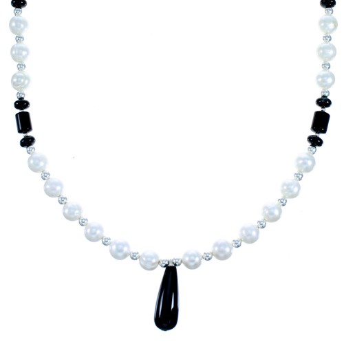 Onyx And Fresh Water Pearl Sterling Silver Tear Drop Bead Necklace SX114860
